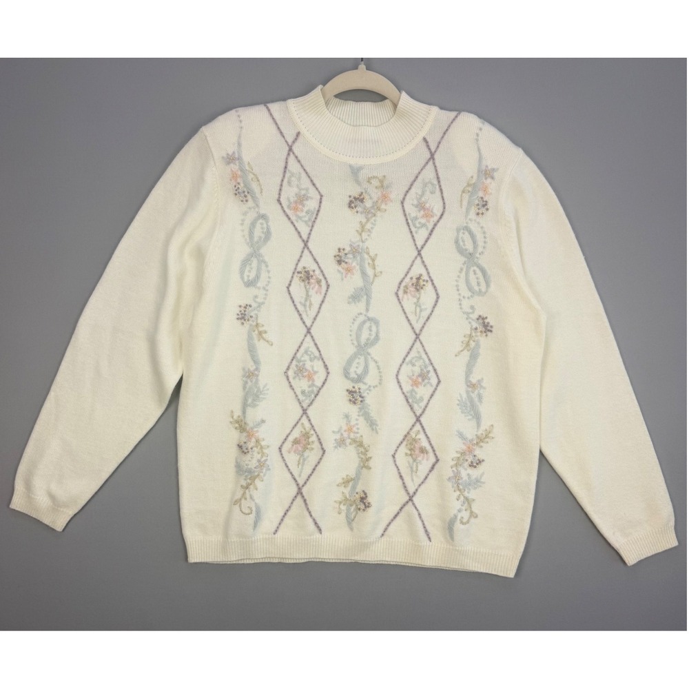 Vintage 80s 90s Alfred Dunner Grandma Sweater Floral Embroidered Beaded Large